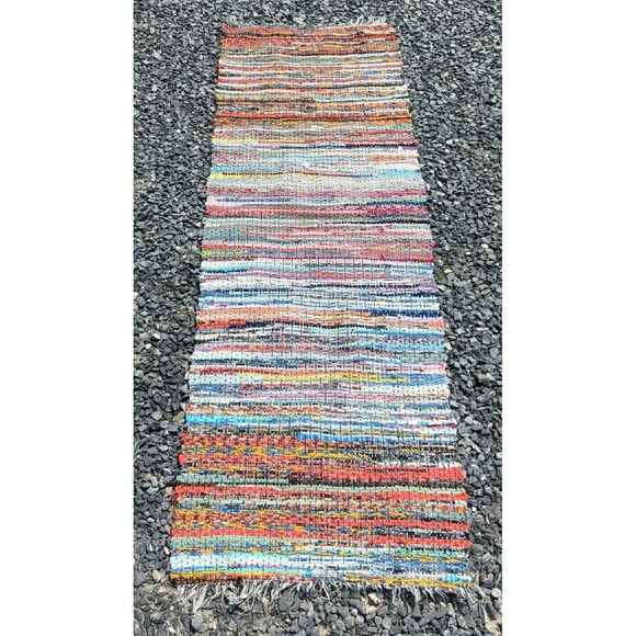 Vintage Handmade Cotton Rag Rug 79.5 x 26 Farmhouse Country Primitive Multicolor